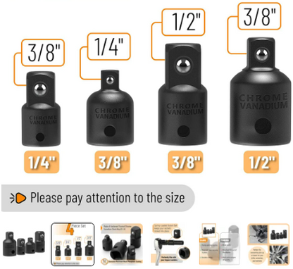 Karamuunnin / adapteri 1/2" --> 3/8", 3/8" --> 1/2", 3/8" --> 1/4", 1/4" --> 3/8"